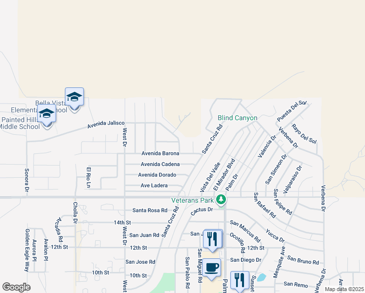 map of restaurants, bars, coffee shops, grocery stores, and more near 9488 Calle Del Dios in Desert Hot Springs