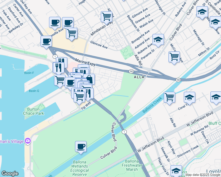 map of restaurants, bars, coffee shops, grocery stores, and more near 13230 Fiji Way in Marina del Rey