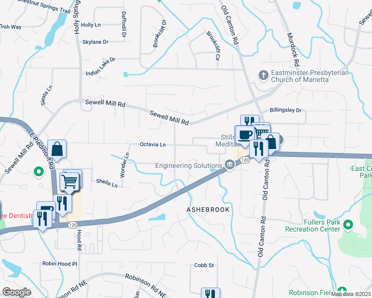 map of restaurants, bars, coffee shops, grocery stores, and more near 2856 Octavia Circle in Marietta