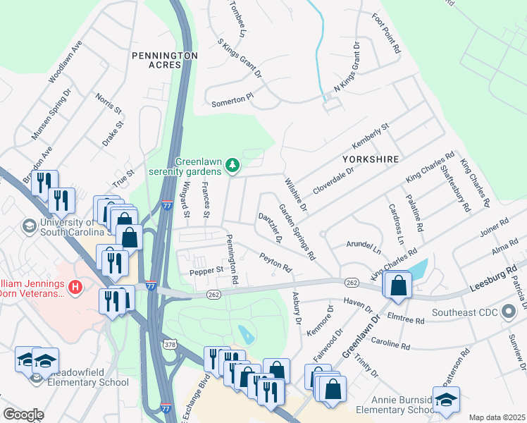 map of restaurants, bars, coffee shops, grocery stores, and more near 18 Dantzler Drive in Columbia
