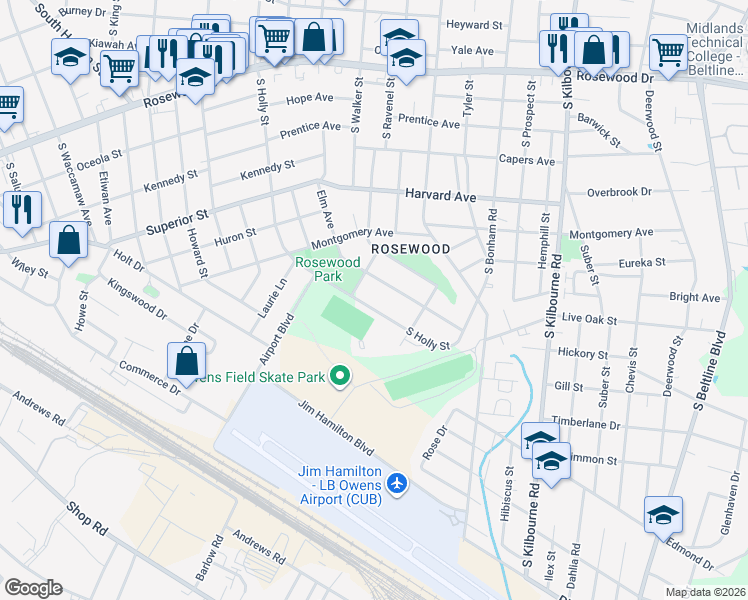 map of restaurants, bars, coffee shops, grocery stores, and more near 1021 South Holly Street in Columbia