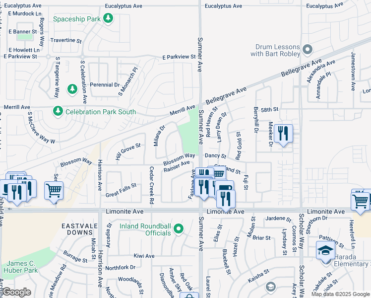 map of restaurants, bars, coffee shops, grocery stores, and more near 5900 Festival Way in Eastvale