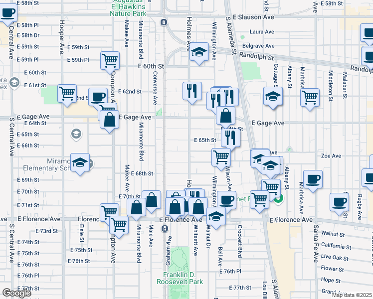 map of restaurants, bars, coffee shops, grocery stores, and more near 6525 Holmes Avenue in Los Angeles