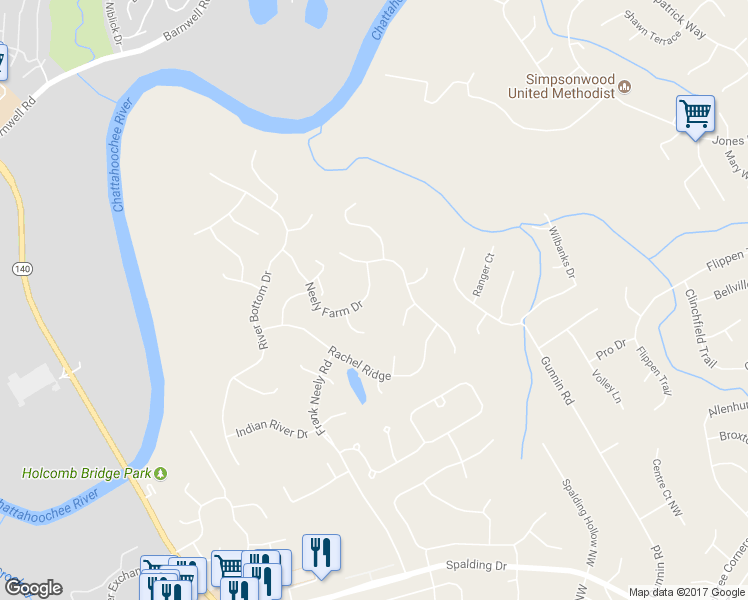 map of restaurants, bars, coffee shops, grocery stores, and more near 6040 Neely Farm Drive in Norcross