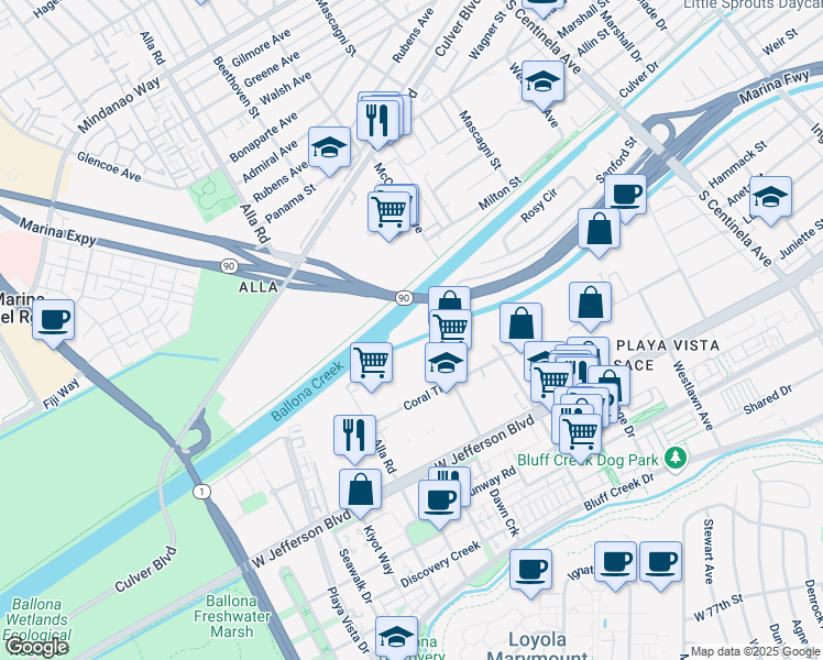 map of restaurants, bars, coffee shops, grocery stores, and more near 5301 Beethoven St in Los Angeles