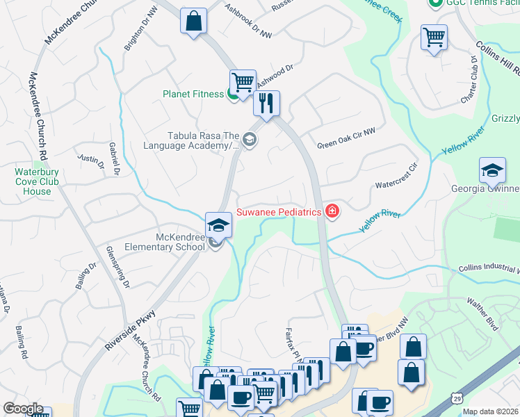 map of restaurants, bars, coffee shops, grocery stores, and more near 630 Oxford Crest Court Northwest in Lawrenceville