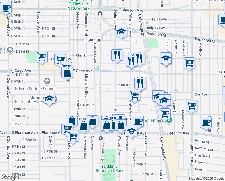 map of restaurants, bars, coffee shops, grocery stores, and more near 6525 Holmes Avenue in Los Angeles