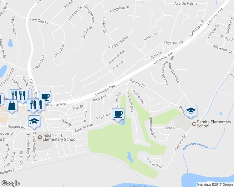 map of restaurants, bars, coffee shops, grocery stores, and more near 6029 Moraga Avenue in Riverside
