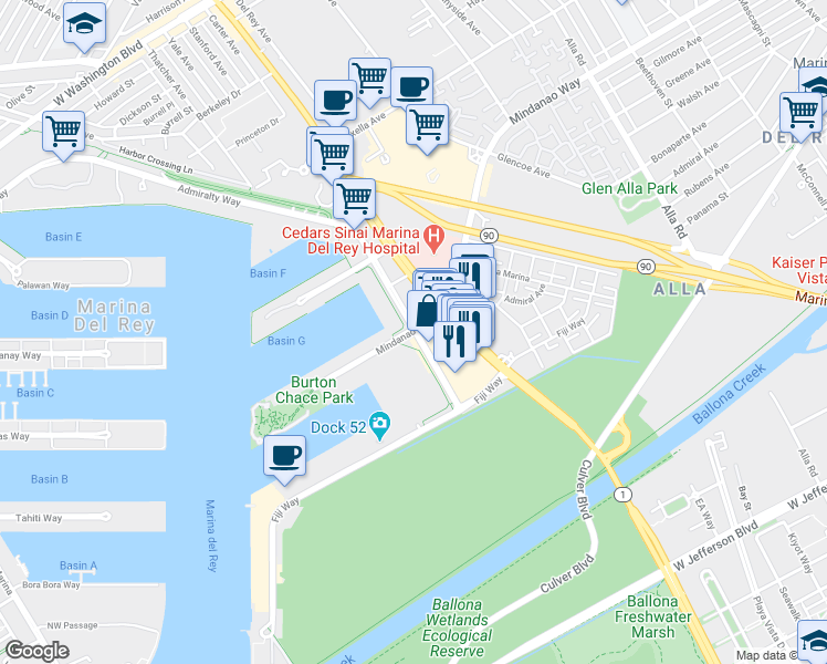 map of restaurants, bars, coffee shops, grocery stores, and more near Admiralty Way & Mindanao Way in Marina Del Rey