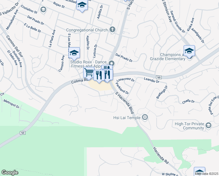 map of restaurants, bars, coffee shops, grocery stores, and more near 3205 South Hacienda Boulevard in Hacienda Heights