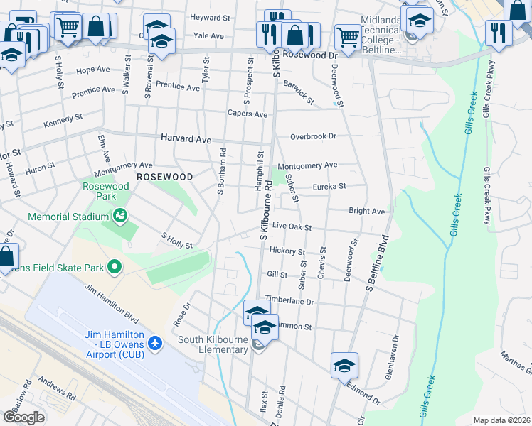map of restaurants, bars, coffee shops, grocery stores, and more near 827 South Kilbourne Road in Columbia