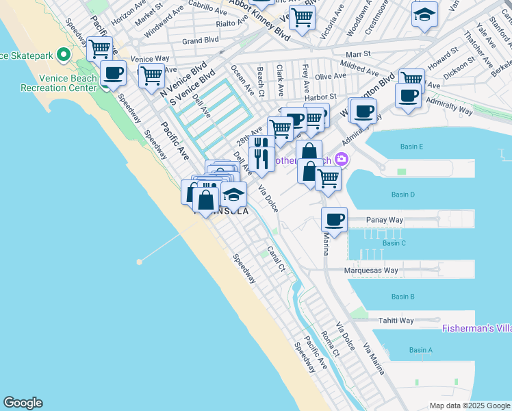 map of restaurants, bars, coffee shops, grocery stores, and more near 3115 Strongs Drive in Marina del Rey