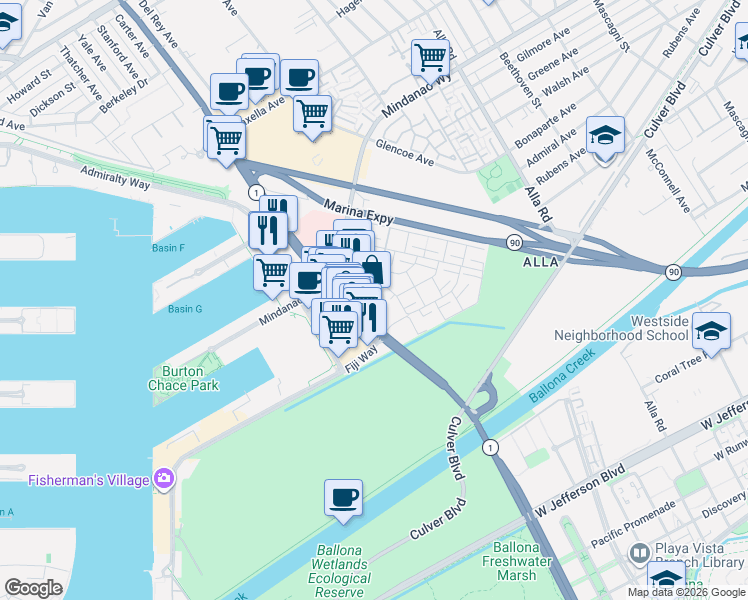 map of restaurants, bars, coffee shops, grocery stores, and more near 4750 Lincoln Boulevard in Marina del Rey