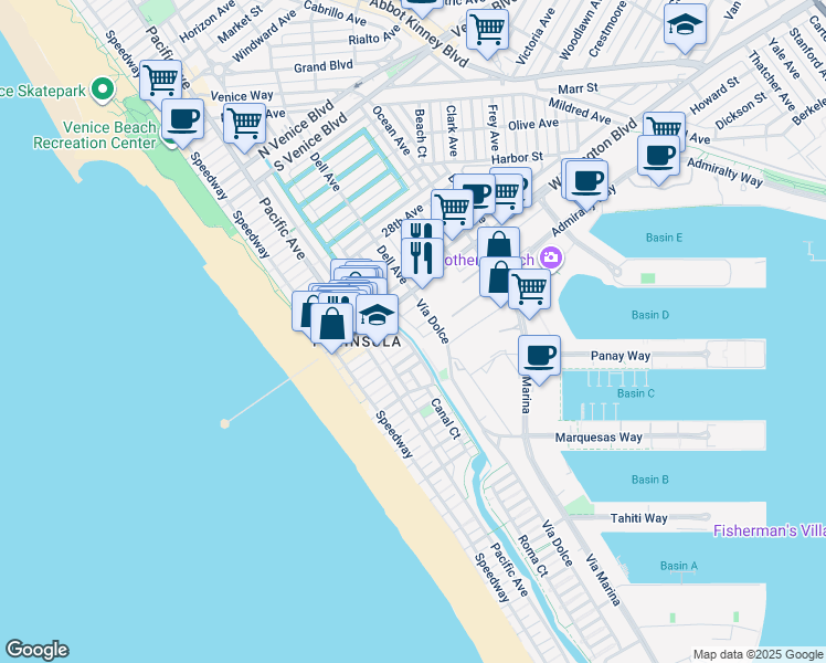 map of restaurants, bars, coffee shops, grocery stores, and more near 310 Washington Boulevard in Marina del Rey