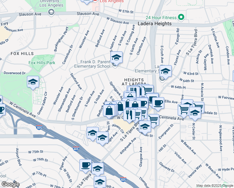 map of restaurants, bars, coffee shops, grocery stores, and more near 6625 South Springpark Avenue in Los Angeles