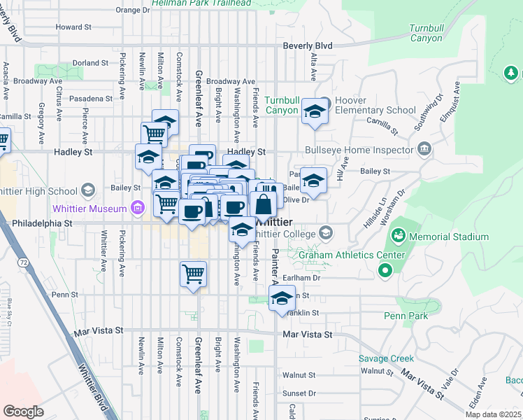 map of restaurants, bars, coffee shops, grocery stores, and more near 6736 Friends Avenue in Whittier