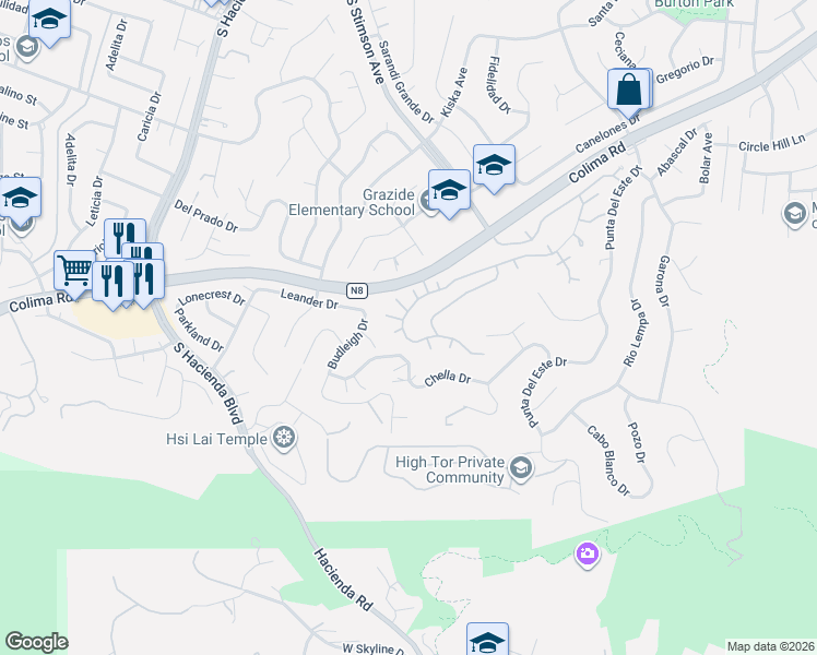 map of restaurants, bars, coffee shops, grocery stores, and more near 16004 Sierra Pass Way in Hacienda Heights