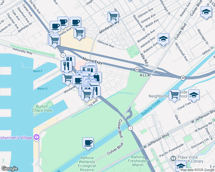 map of restaurants, bars, coffee shops, grocery stores, and more near 13245 Fiji Way in Marina del Rey