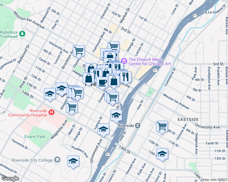 map of restaurants, bars, coffee shops, grocery stores, and more near 3929 Lemon Street in Riverside