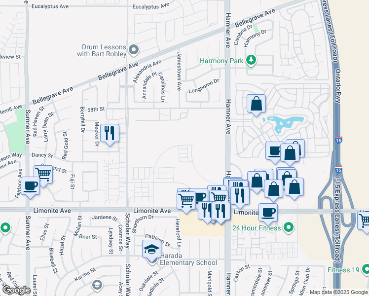 map of restaurants, bars, coffee shops, grocery stores, and more near 12777 Sila Way in Eastvale
