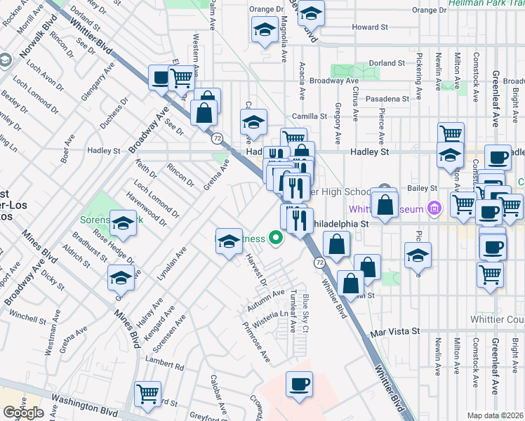 map of restaurants, bars, coffee shops, grocery stores, and more near 6837 Sorensen Ave in Whittier