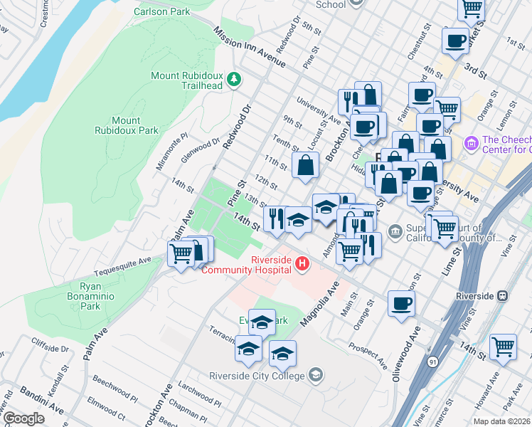 map of restaurants, bars, coffee shops, grocery stores, and more near 4211 El Dorado Street in Riverside