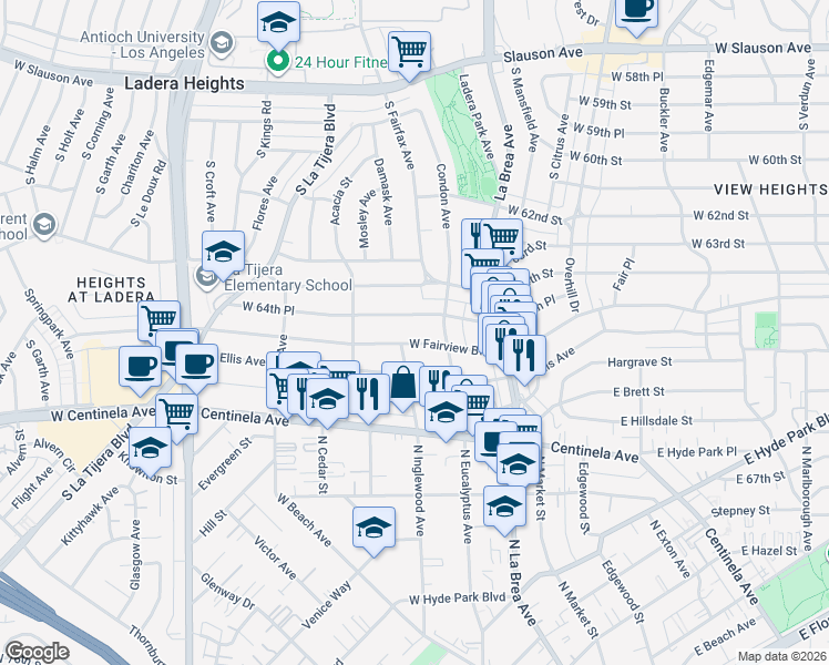 map of restaurants, bars, coffee shops, grocery stores, and more near 227 West Fairview Boulevard in Inglewood