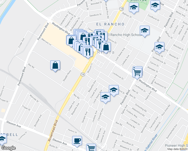 map of restaurants, bars, coffee shops, grocery stores, and more near 9048 Canford Street in Pico Rivera