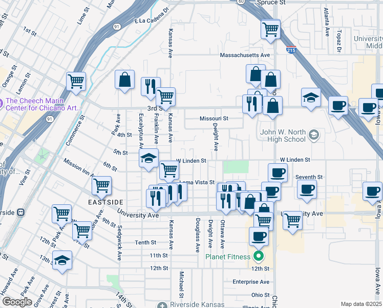 map of restaurants, bars, coffee shops, grocery stores, and more near 2005 West Linden Street in Riverside