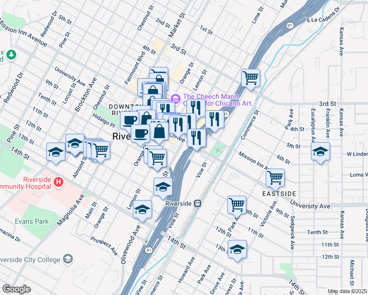map of restaurants, bars, coffee shops, grocery stores, and more near in Riverside