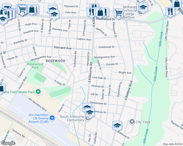 map of restaurants, bars, coffee shops, grocery stores, and more near 827 South Kilbourne Road in Columbia