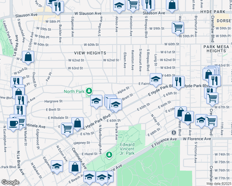map of restaurants, bars, coffee shops, grocery stores, and more near 1302 North Chester Avenue in Inglewood
