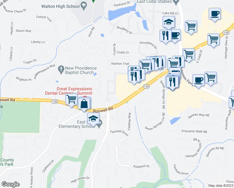 map of restaurants, bars, coffee shops, grocery stores, and more near 3860 Cohutta Pass in Marietta