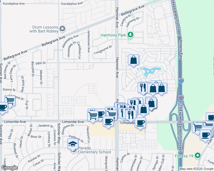 map of restaurants, bars, coffee shops, grocery stores, and more near 6001-6199 Hamner Avenue in Corona