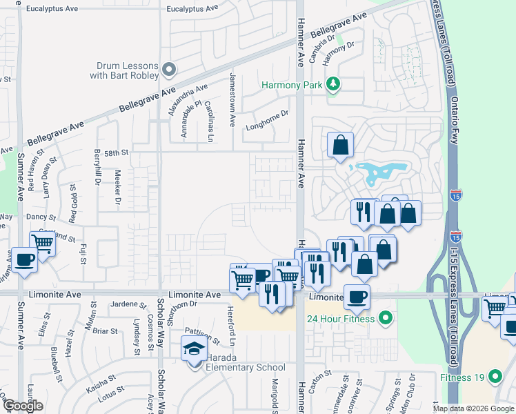 map of restaurants, bars, coffee shops, grocery stores, and more near 12736 Hampton Avenue in Eastvale