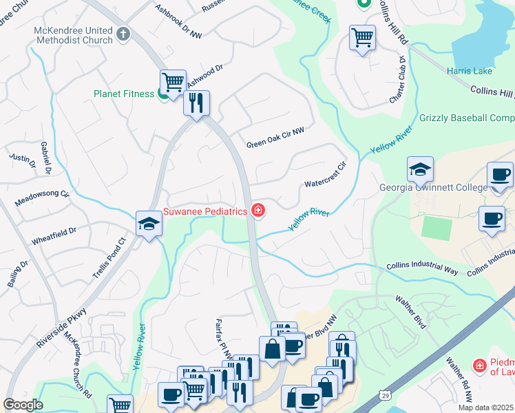 map of restaurants, bars, coffee shops, grocery stores, and more near 1265 Watercrest Cir in Lawrenceville