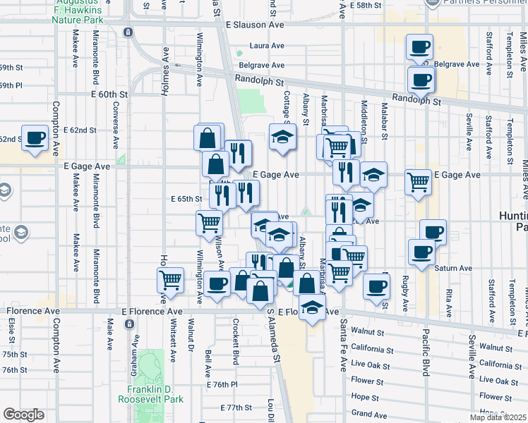 map of restaurants, bars, coffee shops, grocery stores, and more near 6535 Regent Street in Huntington Park