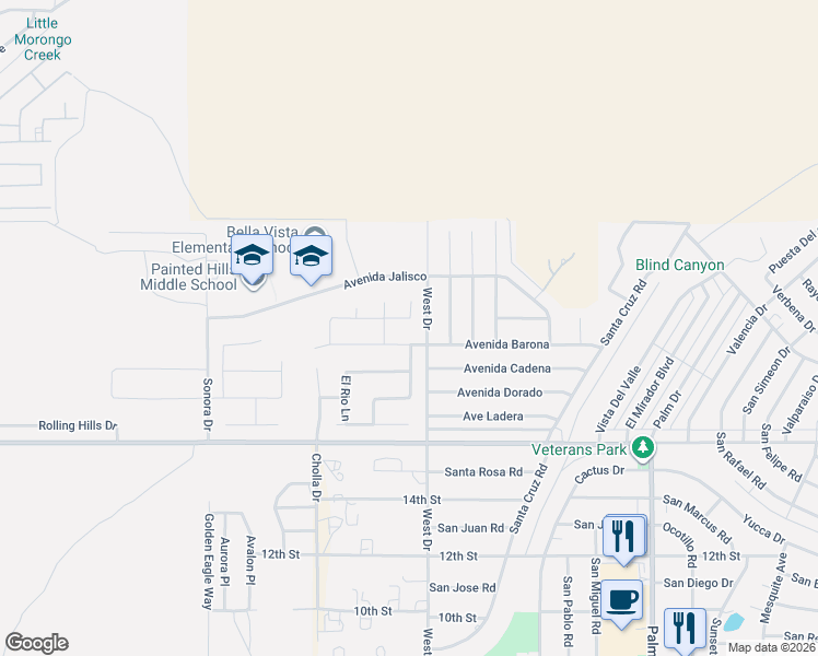 map of restaurants, bars, coffee shops, grocery stores, and more near 65950 Avenida Barona in Desert Hot Springs