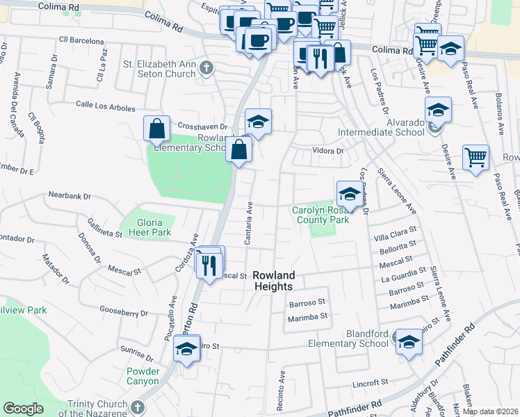 map of restaurants, bars, coffee shops, grocery stores, and more near 2203 Felicia Avenue in Rowland Heights