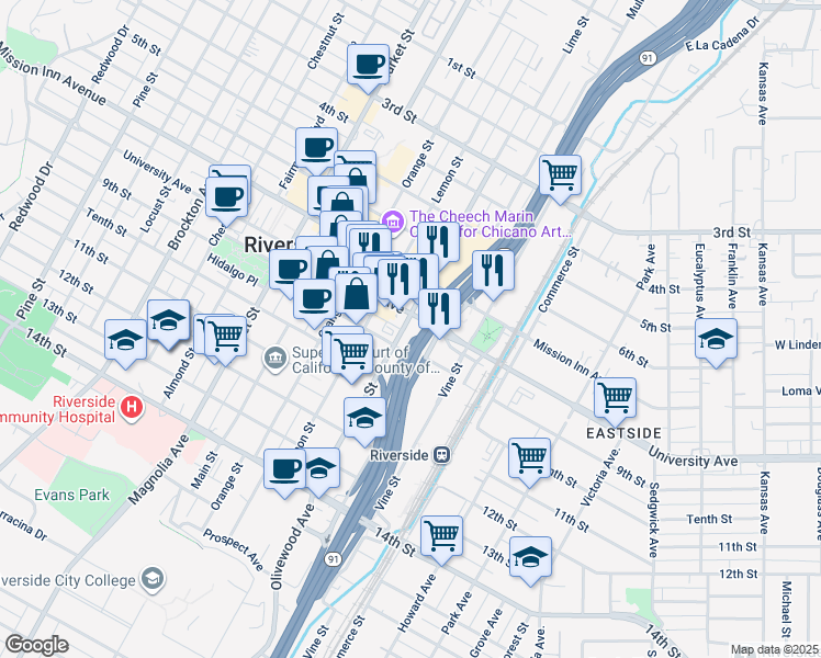 map of restaurants, bars, coffee shops, grocery stores, and more near 3390 University Avenue in Riverside