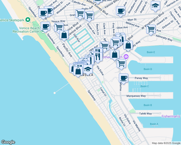 map of restaurants, bars, coffee shops, grocery stores, and more near 3115 Strongs Drive in Marina del Rey
