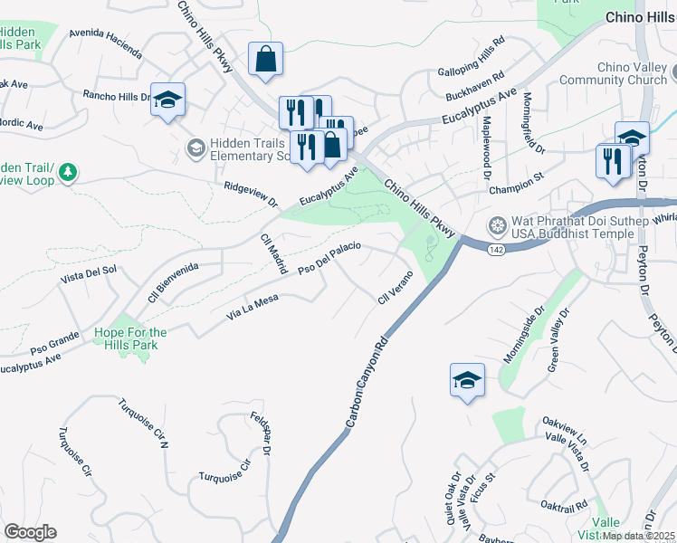 map of restaurants, bars, coffee shops, grocery stores, and more near 15036 Calle La Paloma in Chino Hills