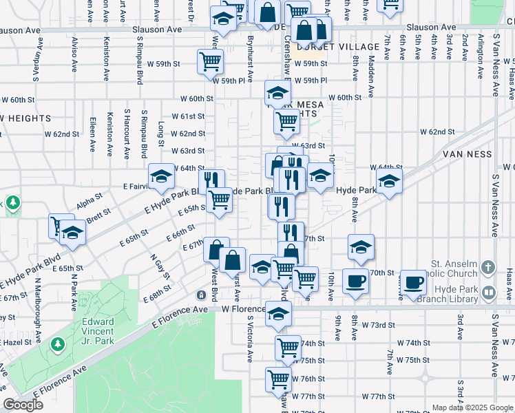 map of restaurants, bars, coffee shops, grocery stores, and more near 6525 South Victoria Avenue in Los Angeles