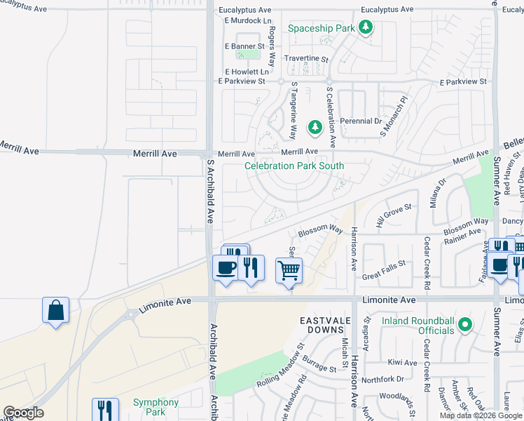 map of restaurants, bars, coffee shops, grocery stores, and more near 5131 Salisbury Way in Ontario