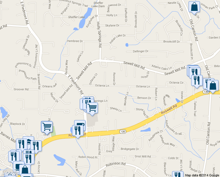 map of restaurants, bars, coffee shops, grocery stores, and more near 2600 Octavia Ln in Marietta
