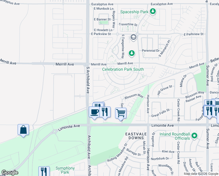 map of restaurants, bars, coffee shops, grocery stores, and more near 5131 Salisbury Way in Ontario