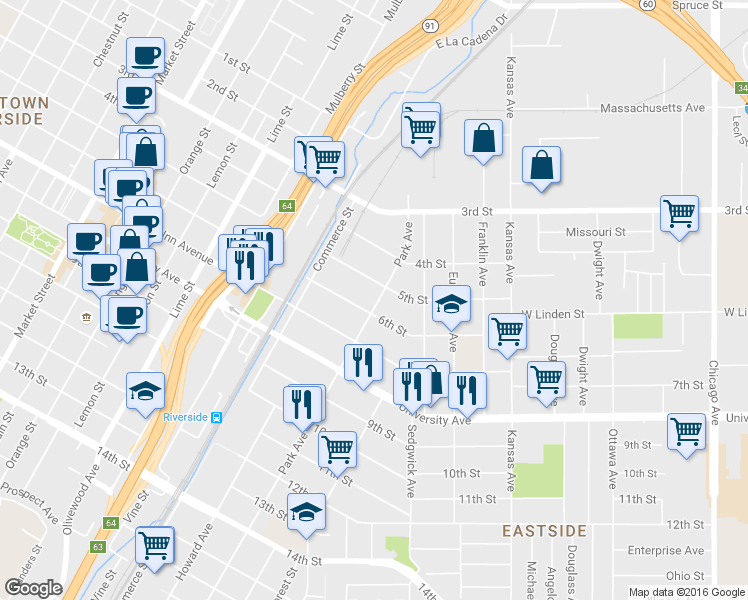 map of restaurants, bars, coffee shops, grocery stores, and more near 2881 6th Street in Riverside
