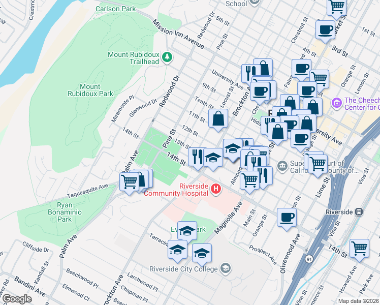 map of restaurants, bars, coffee shops, grocery stores, and more near 4211 El Dorado Street in Riverside