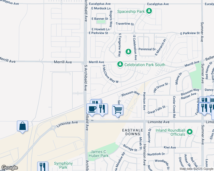 map of restaurants, bars, coffee shops, grocery stores, and more near 5121 Cottage Garden Way in Ontario