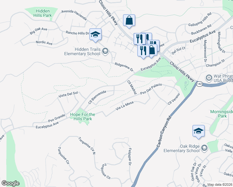 map of restaurants, bars, coffee shops, grocery stores, and more near 2436 Paseo Del Palacio in Chino Hills
